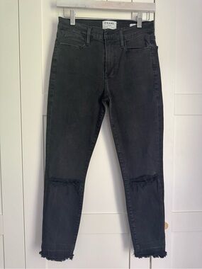 FRAME Le High Skinny Malloy Black Distressed Jeans Raw Hem Size 28
